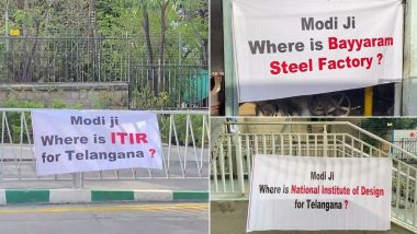 Banners with 17 Questions Greet PM Narendra Modi in Hyderabad